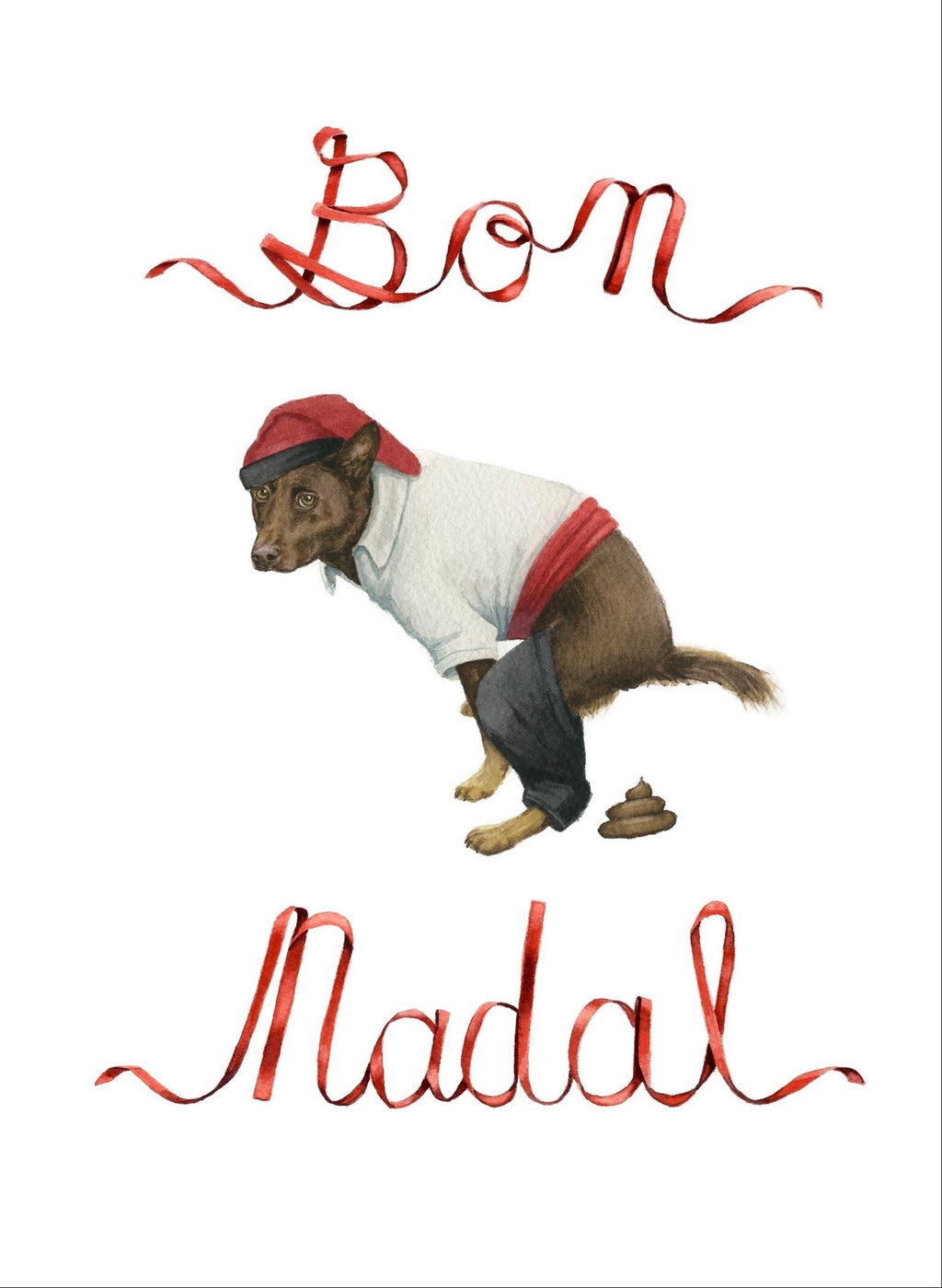 handpainted water color illustration of a dog pooping wearing a red and white traditional catalan farmer outfit with a ribbon spelling the text 'Bon Nadal' on a white background