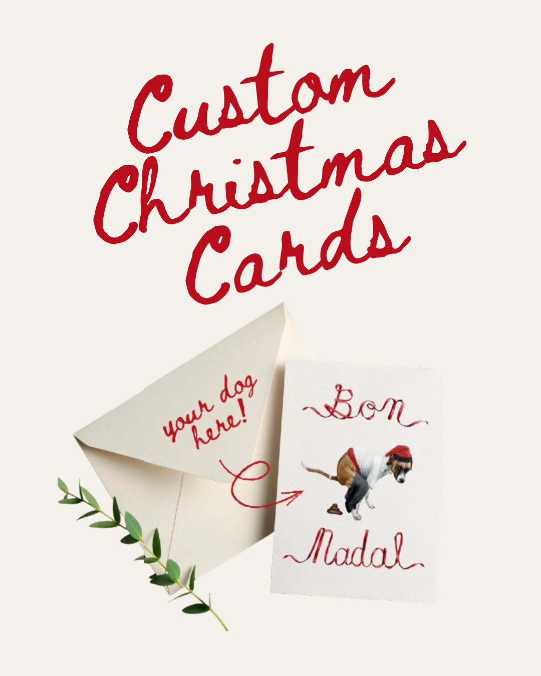 Custom Catalan Caganer Christmas card with envelope and greeting card on a white background