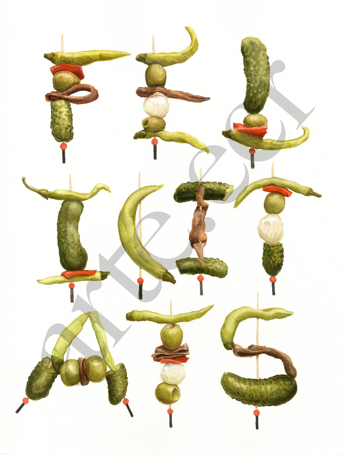 hand painted watercolor gildas laid out to spell "Felicitats" with "FEL" on the first row, "ICIT" one the second row and "ATS" on the last row